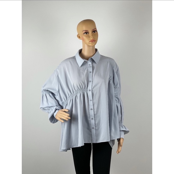 Ruffle Long Sleeve Asymmetrical Oversized Button-up Blouse - Picture 9 of 11